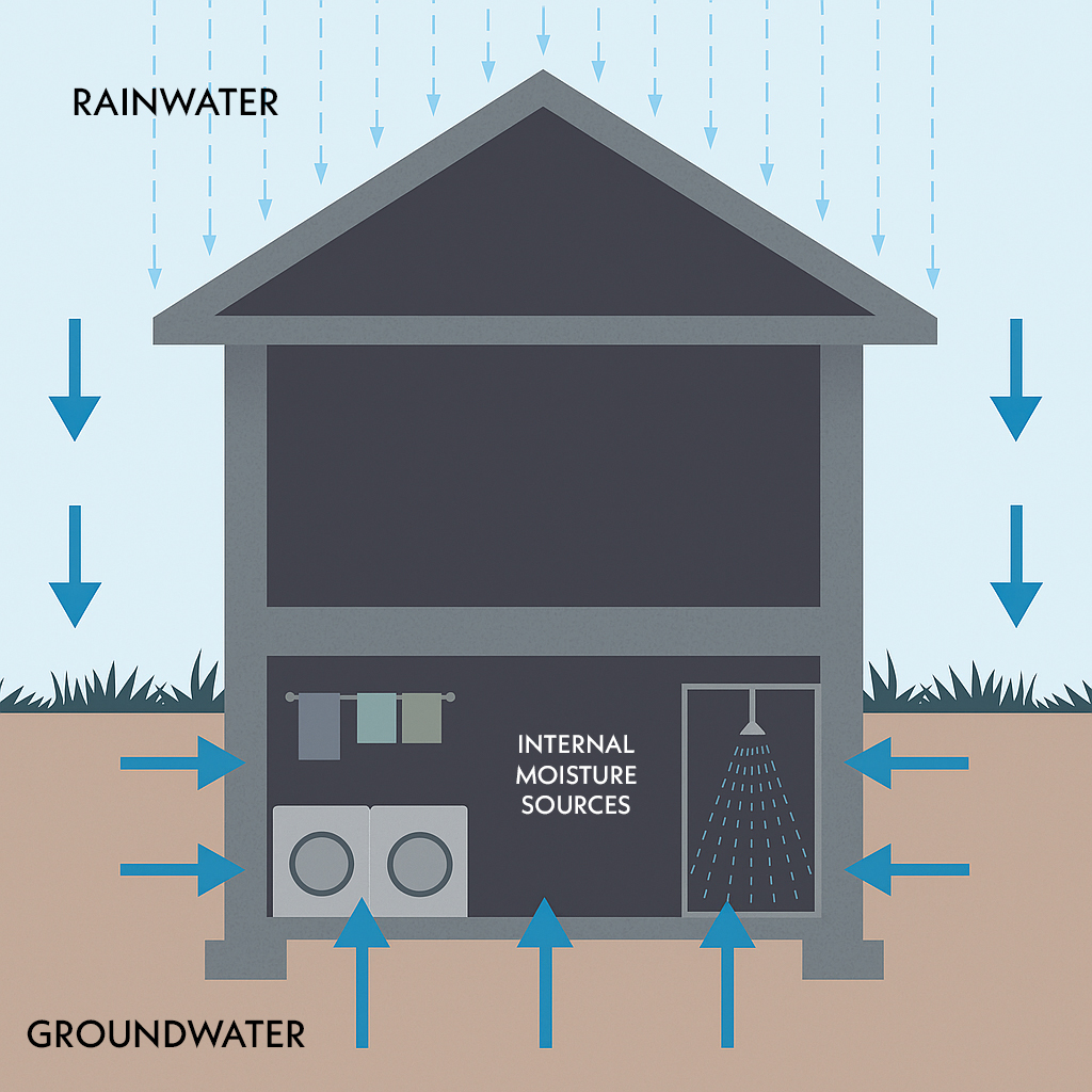 Exterior Causes of Water in Basement - Infiltration by rainwater or groundwater